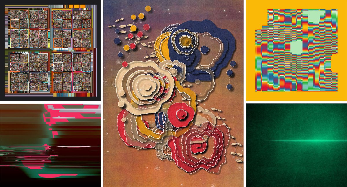 Artist images that will form part of a Tezos at South Beach Event from 6 to 8 December, with part of the proceeds going to charity. Clockwise from top left: Casey Reas, CSRSNT-XAAI (21 of 32); RalenArc, Coral; Fingacode, LITMUS; Zach Lieberman and Iskra Velitchkova, Horizon(te)s; Agoston Nagy, m0-n0. Reas: © Casey Reas. RalenArc: © RalenArc. Fingacode © Fingacode. Lieberman and Velitchkova: © Zach Lieberman and Iskra Velitchkova.