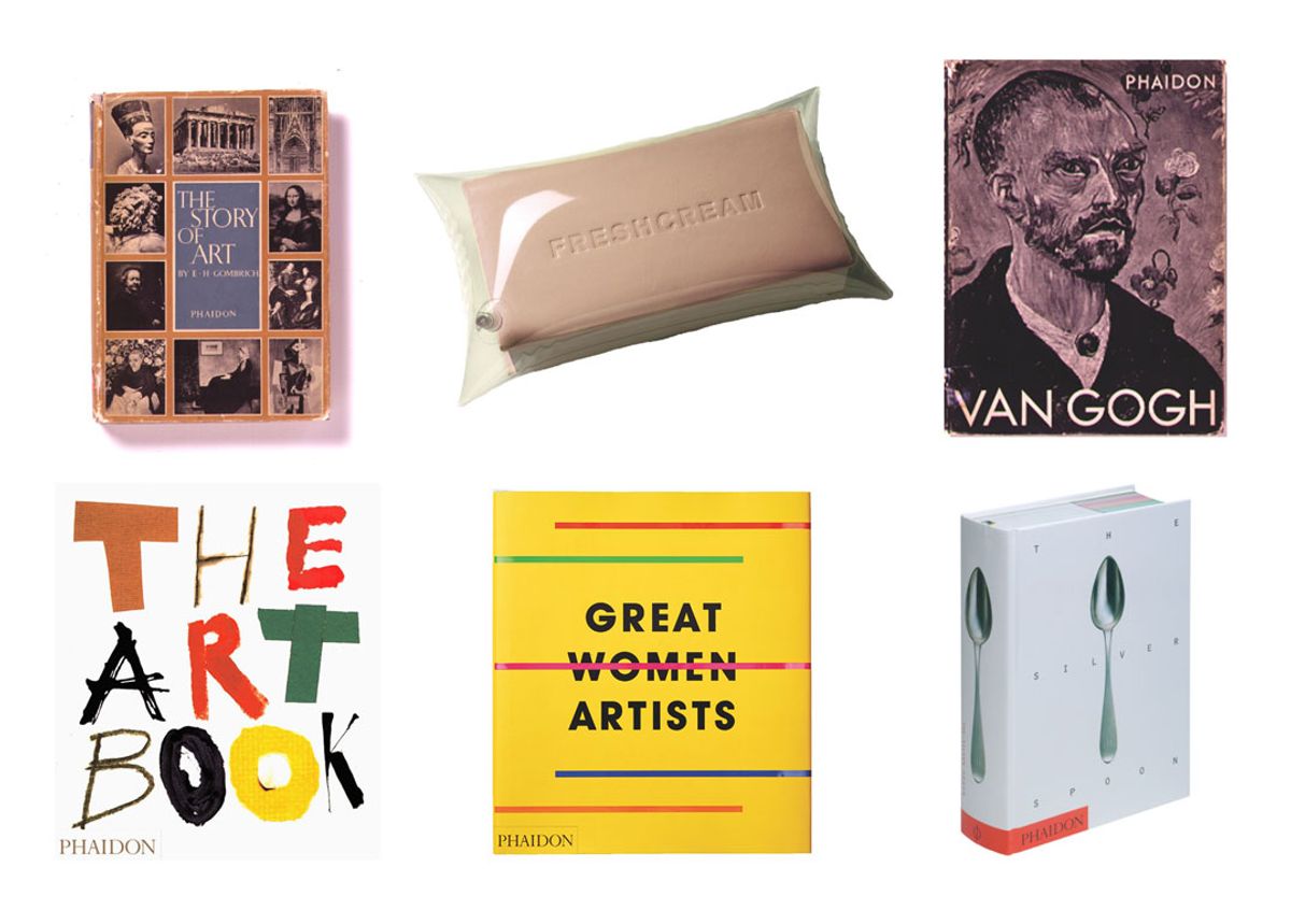 Phaidon publications include (from top, left to right) The Story of Art by Ernst H. Gombrich; Fresh Cream (2001) replete with a plastic inflatable cover; a Vincent van Gogh monograph; The Art Book; Great Women Artists; and The Silver Spoon cookery book Courtesy of Phaidon