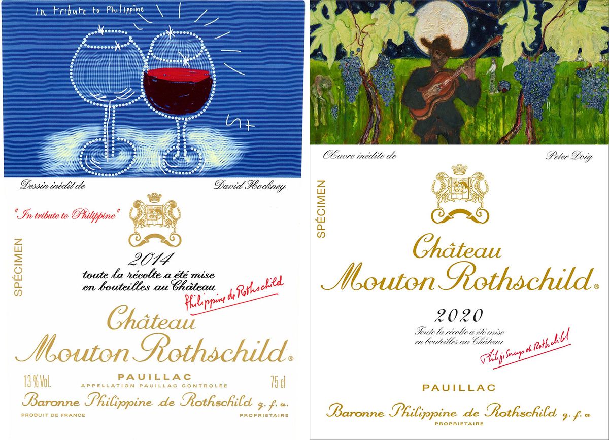 Labels designed for Château Mouton Rothschild by David Hockney (left, 2014) and Peter Doig (2020) Château Mouton Rothschild