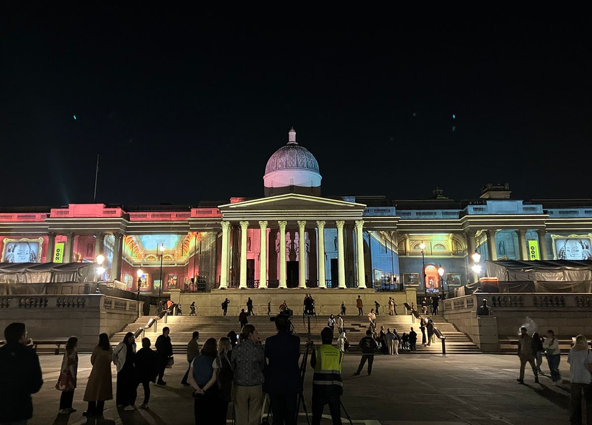 The eight-minute history of the National Gallery, projected on to the museum's Trafalgar Square frontage, includes sequences of images of the institution's galleries Photograph: Louis Jebb / The Art Newspaper