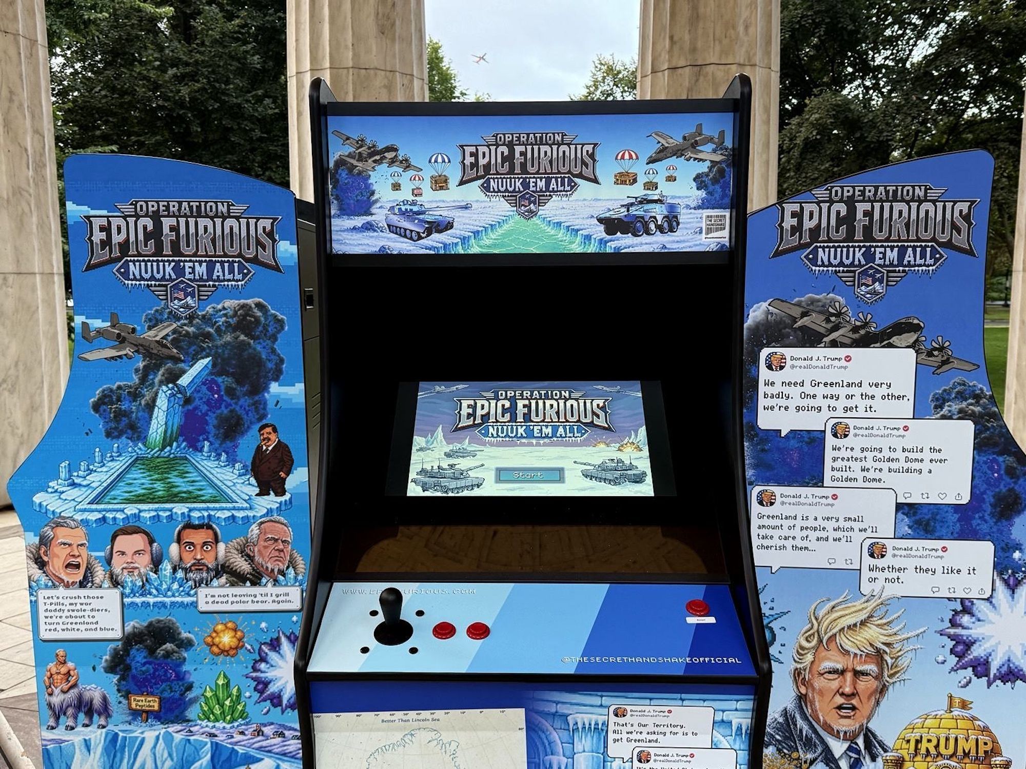 Installation view of arcade rigs featuring Secret Handshake's arcade game Operation Epic Furious: Nuuk 'Em All installed in the District of Columbia War Memorial Courtesy Secret Handshake