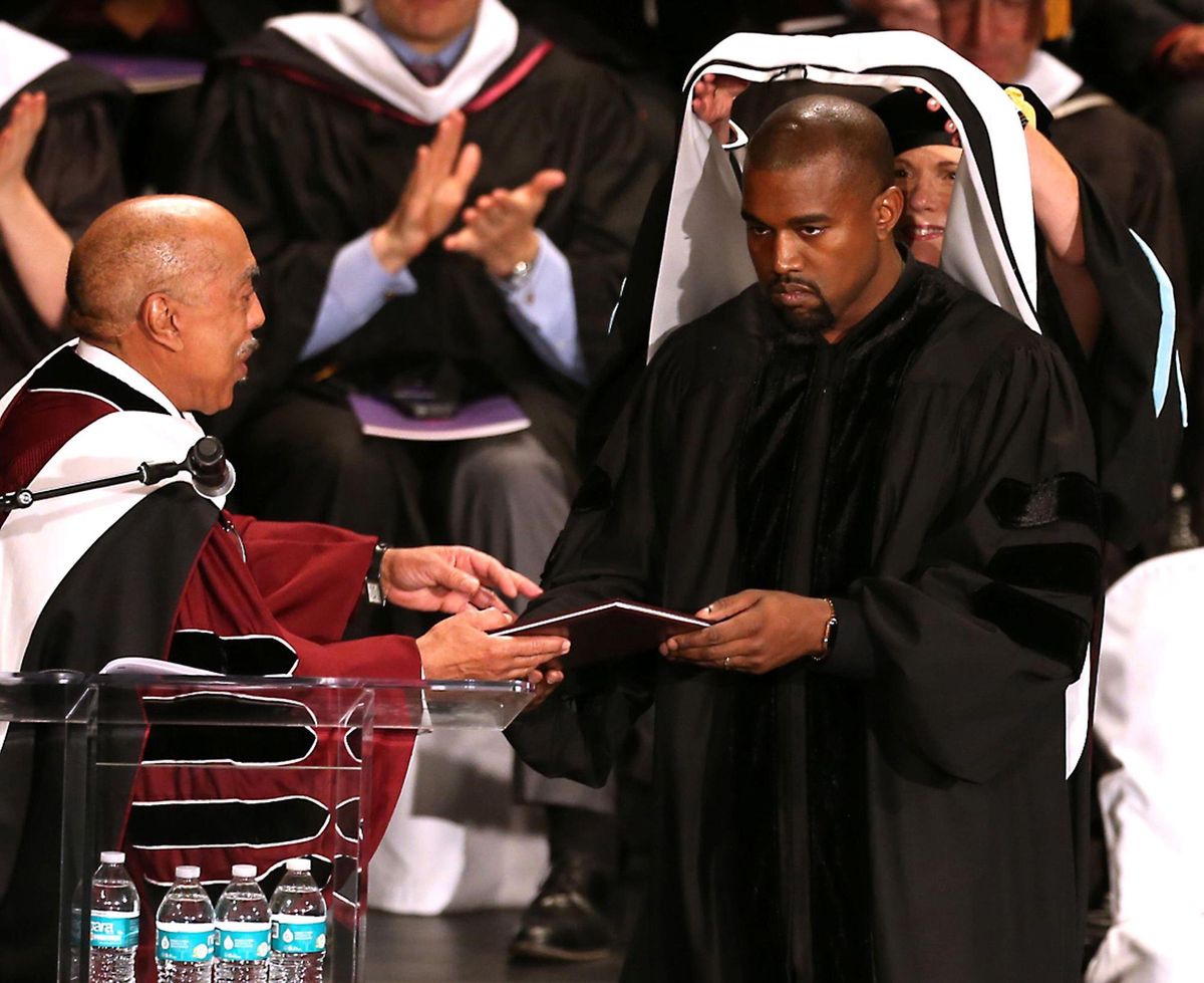 Ye, then known as Kanye West, receives an honorary doctorate degree from president Walter Massey of the School of the Art Institute of Chicago during the school's commencement ceremony on 11 May 2015 Photo by Phil Velasquez/Chicago Tribune/TNS/ABACAPRESS.COM