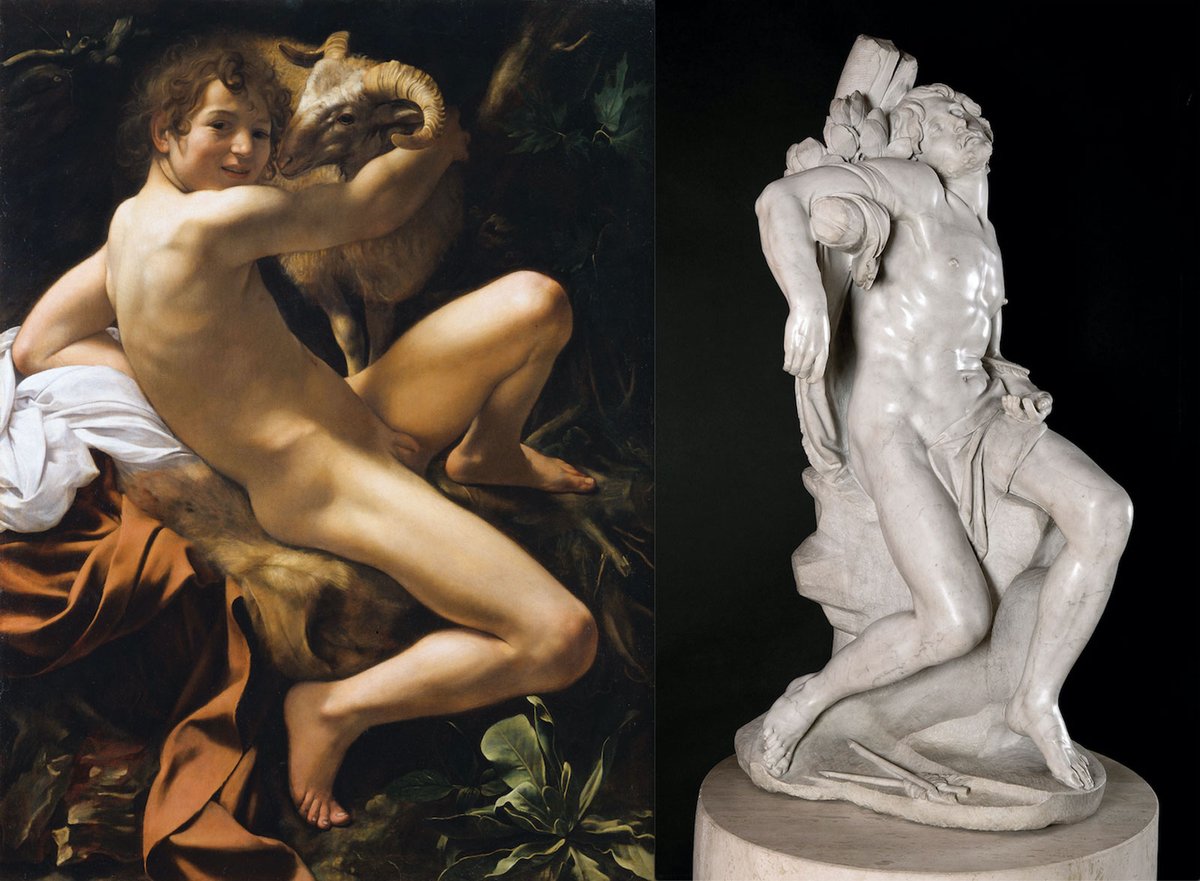 Caravaggio’s St John the Baptist (around 1602) and Bernini’s St Sebastian (1617) © Sovrintendenza Capitolina, Musei Capitolini; © Photo: Museo Nacional Thyssen-Bornemisza, Madrid
