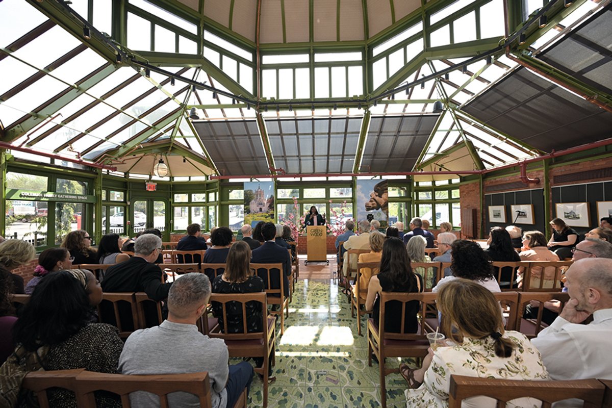 Kim Council, Brooklyn’s deputy borough president, spoke at the new Green-House after a “green garland” ribbon cutting on Thursday (16 April) Photo: Maike Schulz, courtesy of Green-Wood Cemetery