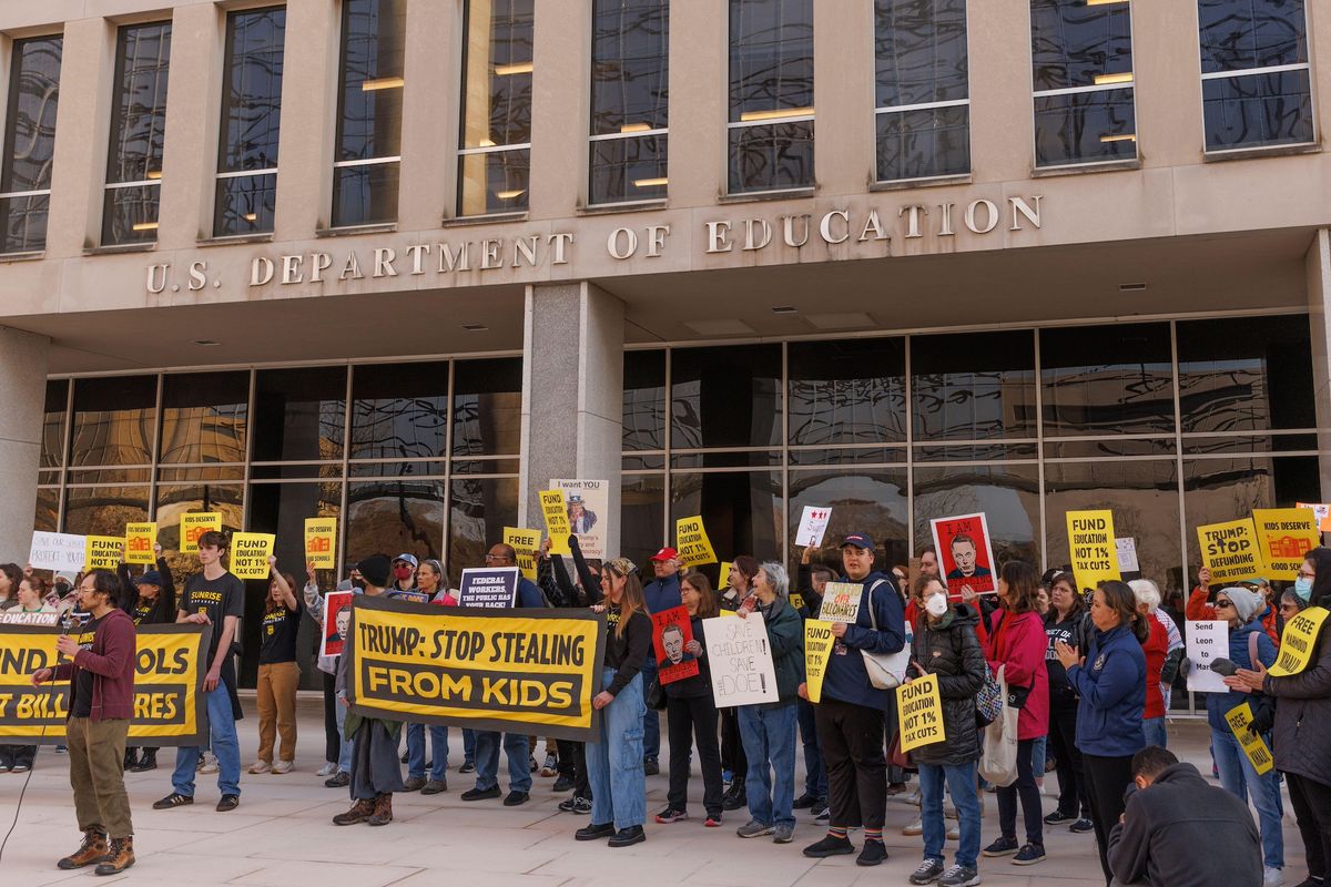 Protesters outside the Department of Education building in Washington, DC on 13 March Photo: Aaron Schwartz / Sipa USA / Alamy Stock Photo