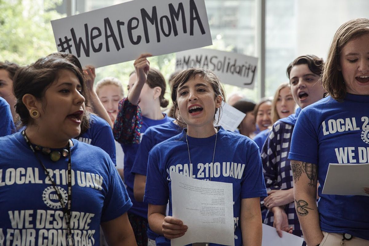 The protest by MoMA's union staff began in the lobby and eventually around 100 employees gather in a march around the block @ momalocal2110 on Instagram
