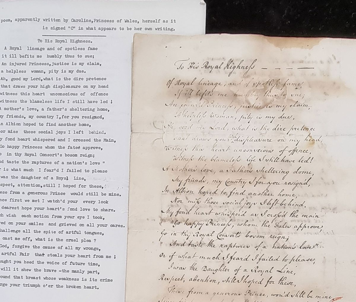 "A fascinating mystery”: the manuscript and typed transcript of "To His Royal Highness", part of a recent bequest to Cambridge University Library of materials relating to the troubled marriage of George IV and Caroline of Brunswick Cambridge University Library 