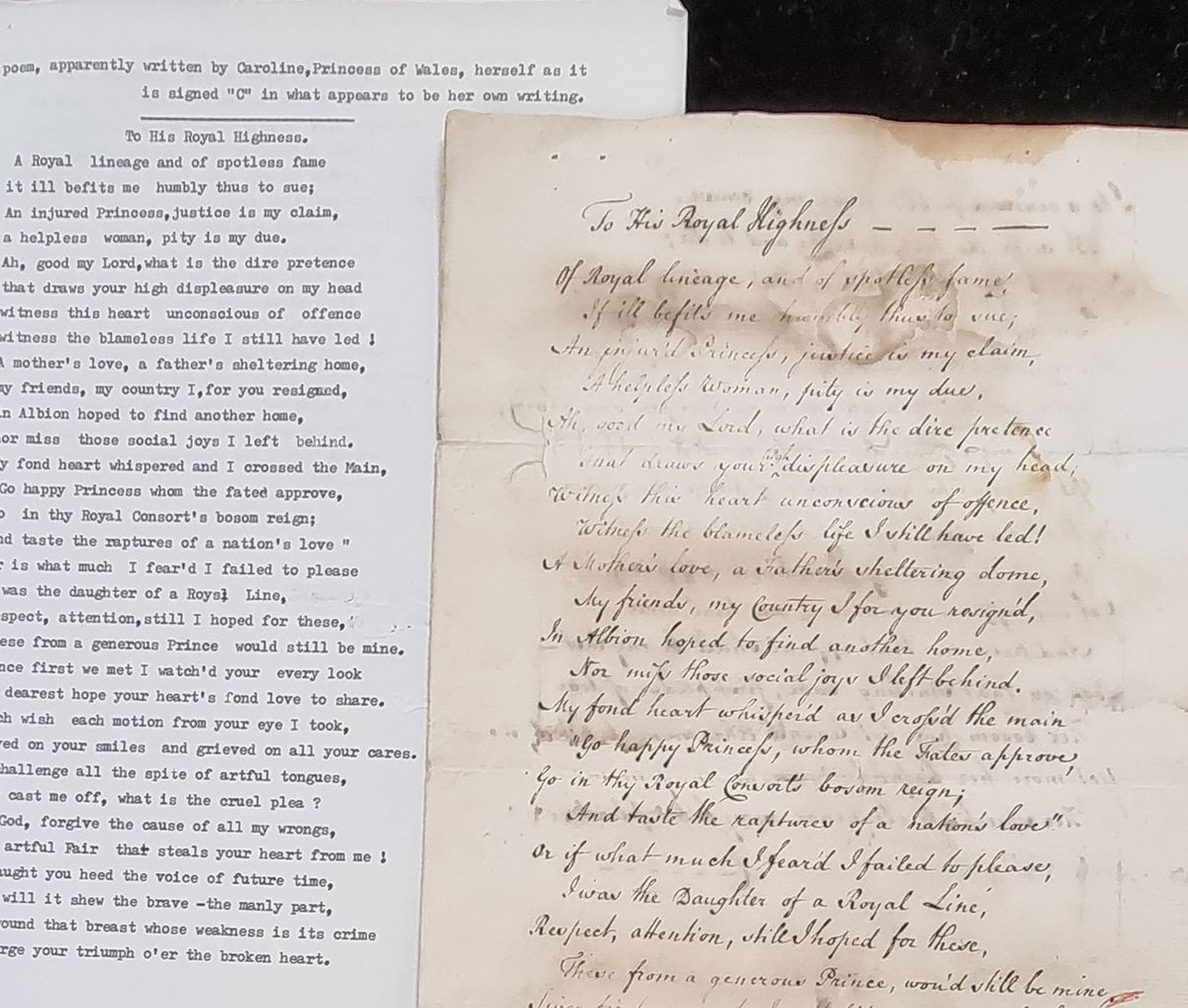 "A fascinating mystery”: the manuscript and typed transcript of "To His Royal Highness", part of a recent bequest to Cambridge University Library of materials relating to the troubled marriage of George IV and Caroline of Brunswick Cambridge University Library