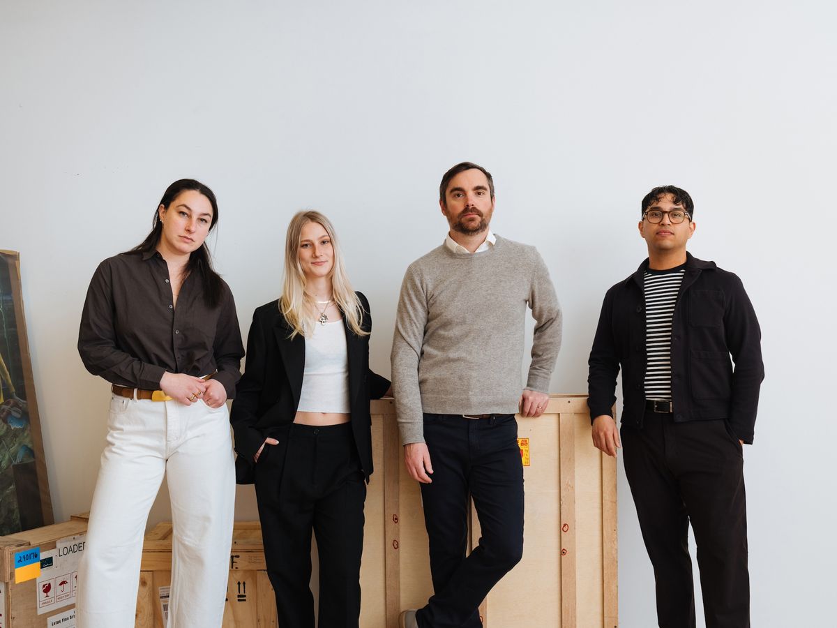 The Charles Moffett team at 394 Broadway with, from left to right: Hannah Root, director of sales; Vilma Clausen, gallery associate; Charles Moffett, founder and owner; José Chavez, senior director, artist relations Photo by Charlie Rubin, courtesy of Charles Moffett
