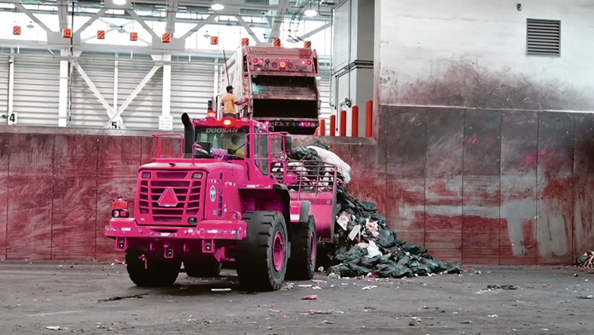 A scene from the first video in Sto Len’s Office of In Visibility series, SAN TV Video still courtesy the artist, New York City Department of Sanitation