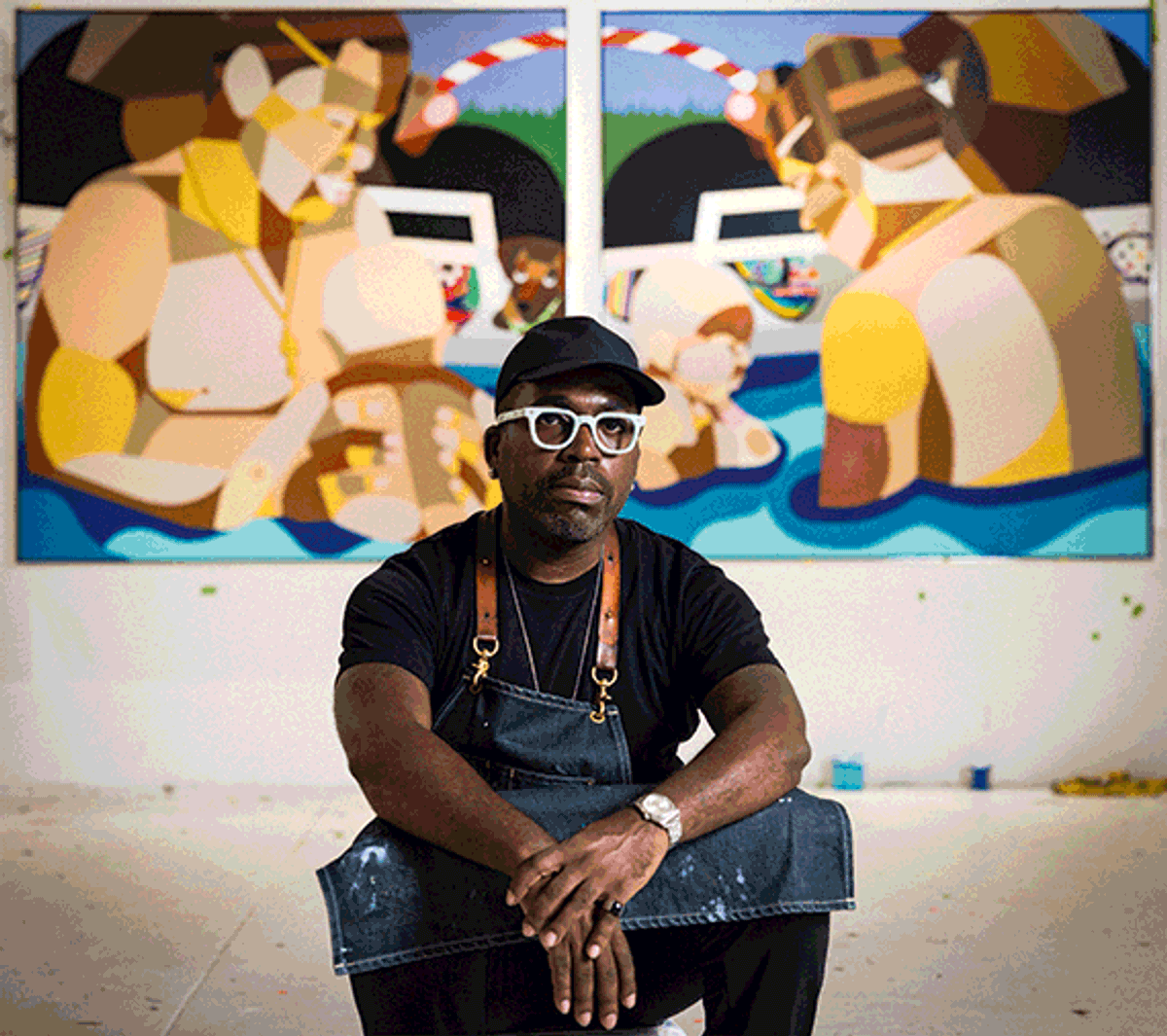 뉴욕 스튜디오에서 데릭 애덤스. 현재 가고시안에서 전시 중이다
사진 Emil Horowitz. 제공 Derrick Adams and Gagosian