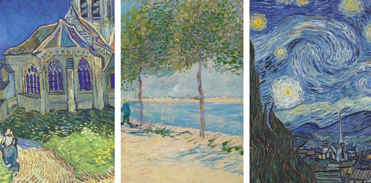 (L-R) Van Gogh’s Church at Auvers (June 1890), Van Gogh’s By the Seine (May-July 1887), Van Gogh’s Starry Night (June 1889)