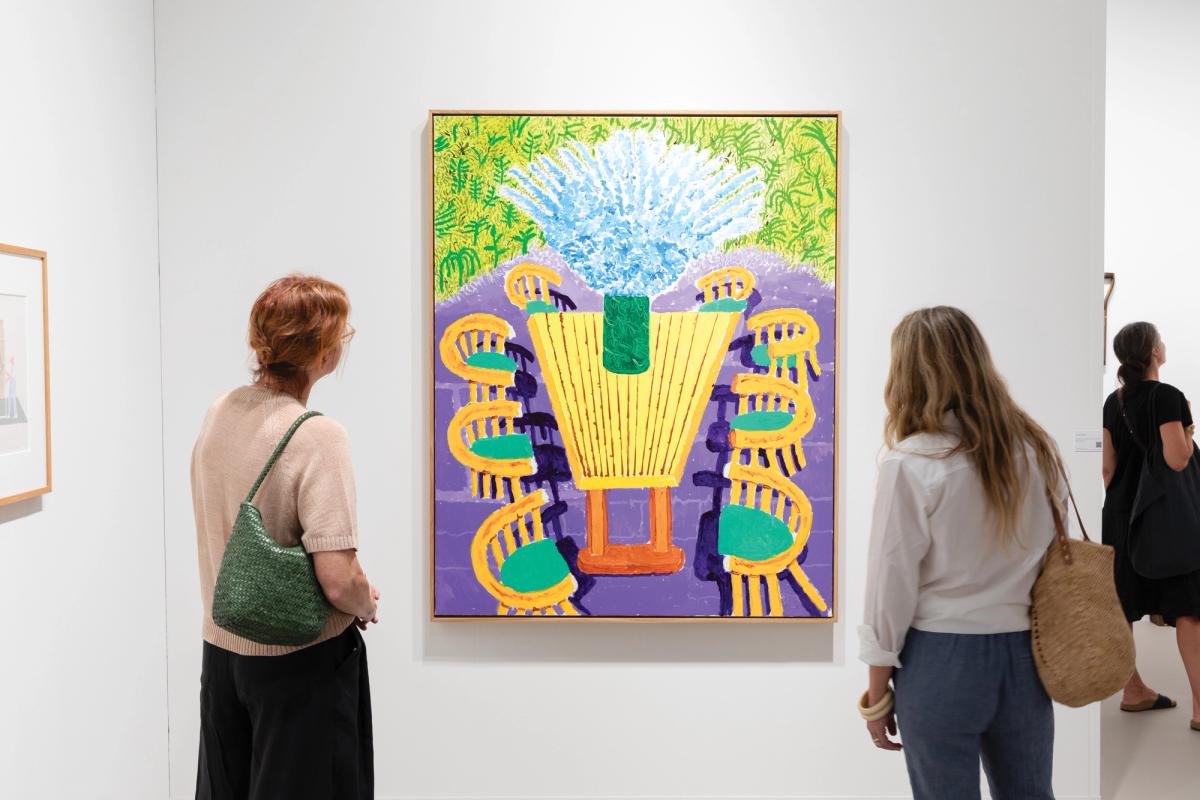 Annely Juda is showing Hockney’s Delphiniums on My Garden Table, July 2025 (2025), featuring a birthday bouquet the artist received David Owens