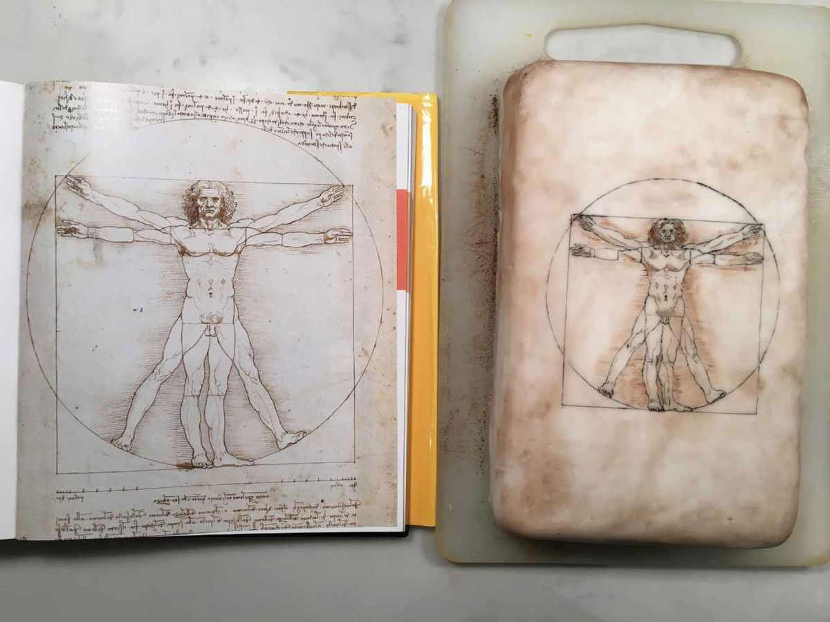 Sophie (tweeted to #ArtBakeOff by her husband Andrew Shore) has recreated Da Vinci's 'Vetruvian Man' in cake form The artist