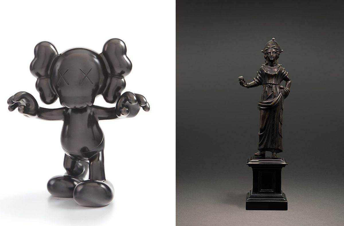 FINAL DAYS (2017) by KAWS—one of 25—sold for £106,250 last week whereas an Etruscan figure of a goddess, datable to the 2nd century AD, sold this week for £75,000 KAWS: courtesy of Phillips. Goddess: courtesy of Sotheby's