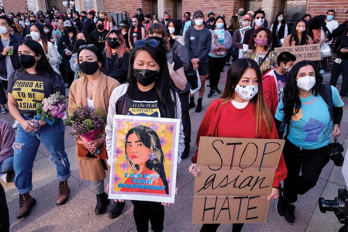 Demonstrators take part in a rally to raise awareness of anti-Asian violence at the Japanese American National Museum in Little Tokyo in Los Angeles, California, on 13 March Photo: Ringo Chiu/AFP via Getty Images