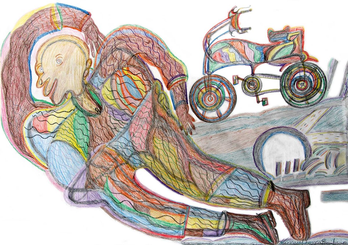 Portuguese-born, UK-based artist Manuel Bonifacio’s Motorbike and Man (2012)
Courtesy the Outside In Collection