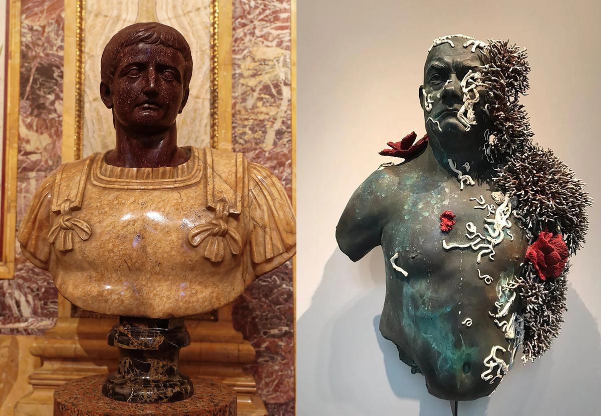 Damien Hirst's “shipwreck” pieces (right) will be shown alongside the Galleria Borghese's permanent collection (left)