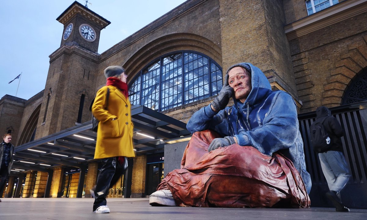 New sculpture unveiled outside London's King's Cross station makes "homelessness impossible to ignore"