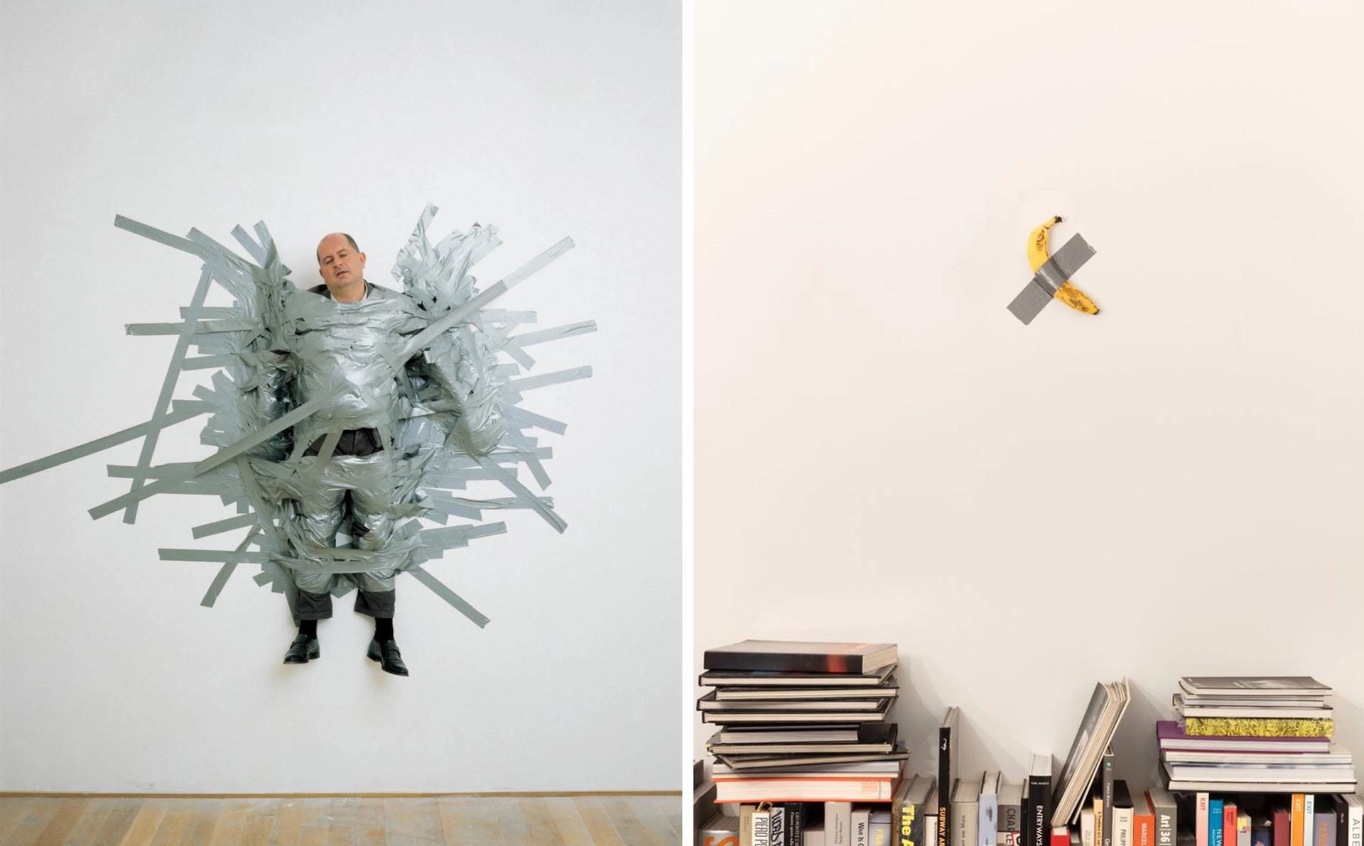 Left: Maurizio Cattelan's A Perfect Day (1999), where he taped  his gallerist Massimo De Carlo to the wall of the gallery. Right: Cattelan's Comedian (2019) on show at Galerie Perrotin's booth at Art Basel in Miami Beach this month A Perfect Day photo: Armin Linke. Comedian photo: ©  Zeno Zotti. Both courtesy of the artists and Galerie Perrotin