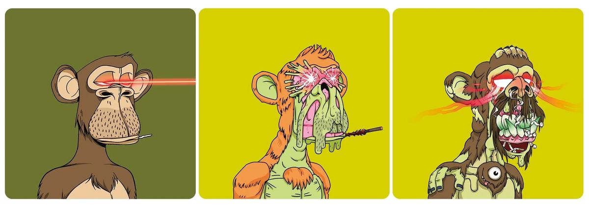 A triptych of NFTs from the Bored Ape Yacht Club (BAYC)—one of the most popular NFT projects online—sold for £982,500 (with fees) last week at Christie's
Courtesy of Christie's