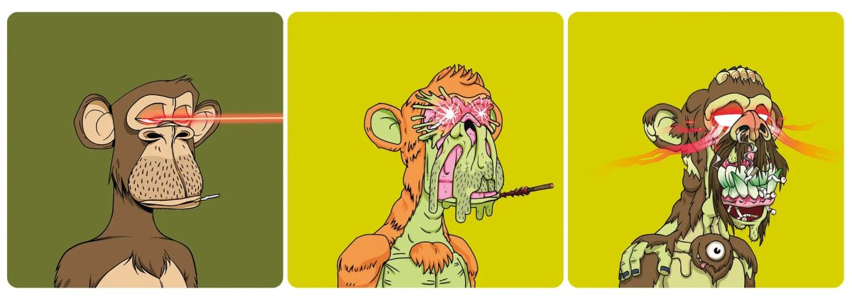 A triptych of NFTs from the Bored Ape Yacht Club (BAYC)—one of the most popular NFT projects online—sold for £982,500 (with fees) last week at Christie's
Courtesy of Christie's