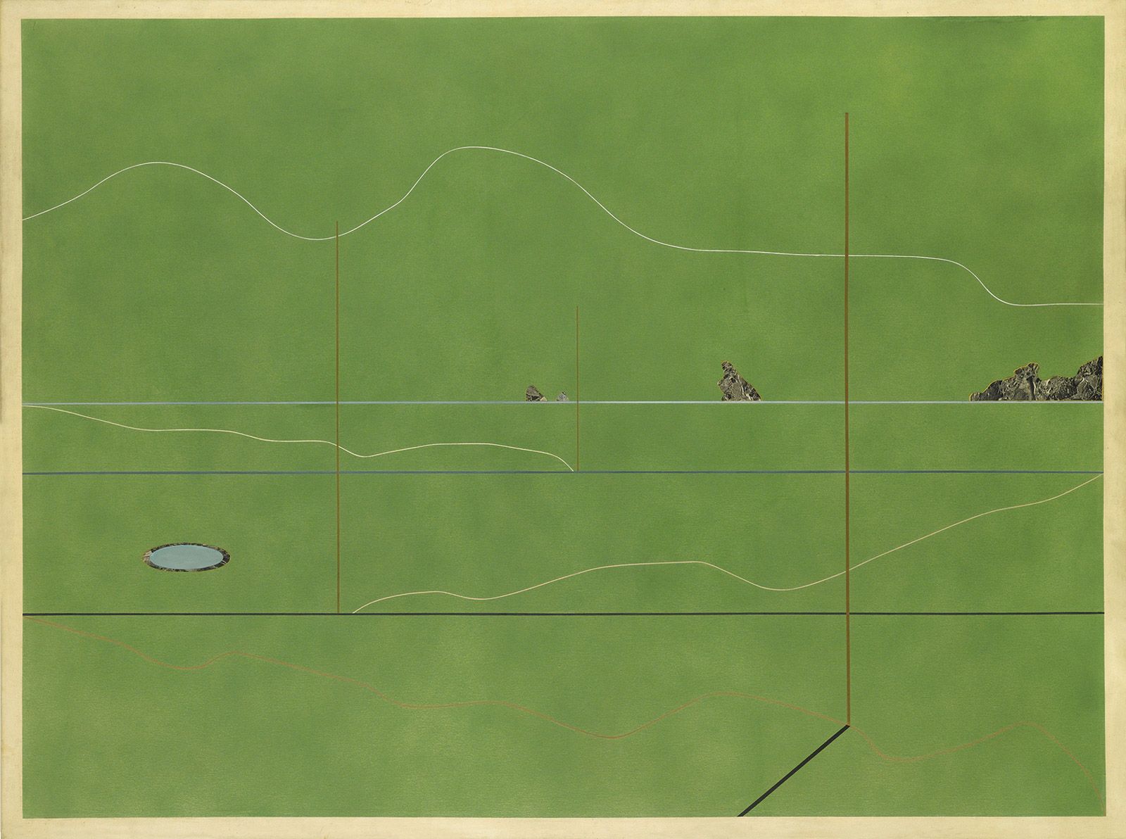 Derek Jarman’s painting Landscape with a Blue Pool (left; 1967) Courtesy of Arts Council Collection