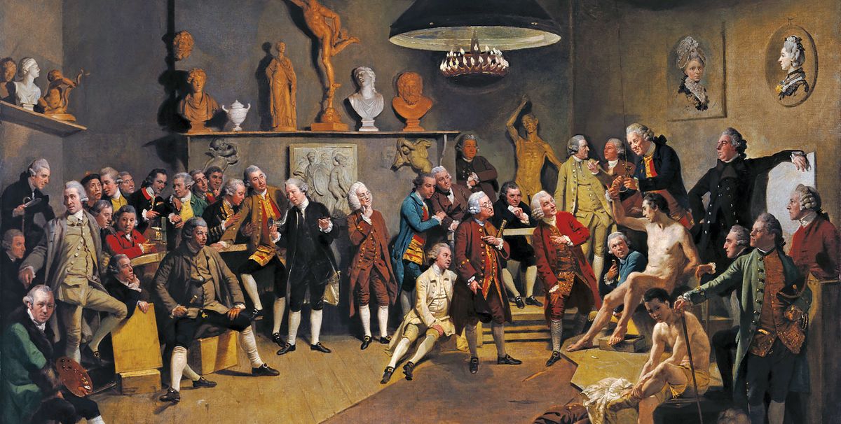 Zoffany’s painting depicts the RA’s 34 founders taking a life class, but the two female members are present only as portraits on the wall The Royal Collection, London