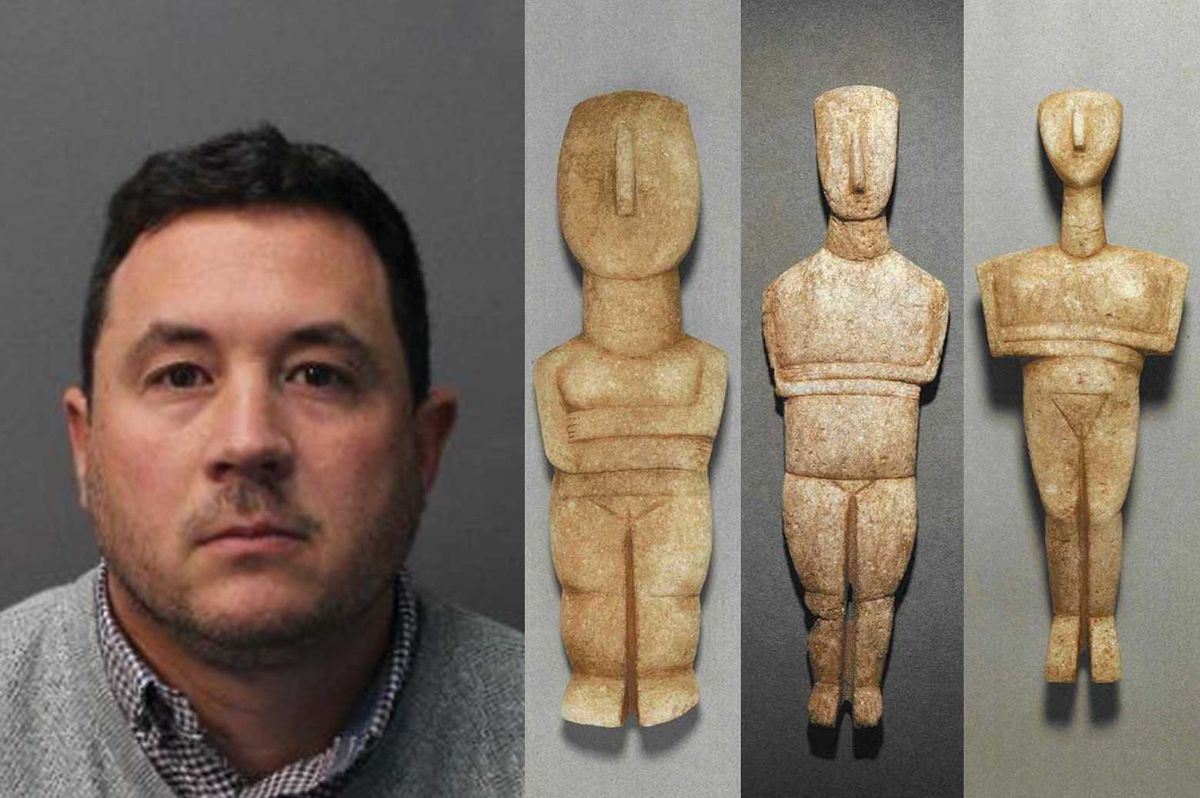 Andrew Crowley and the fake Cycladic figurines, which he attempted to sell along with a forged Anatolian stargazer statuette. He claimed to have inherited them from his grandfather Photo: courtesy Metropolitan Police