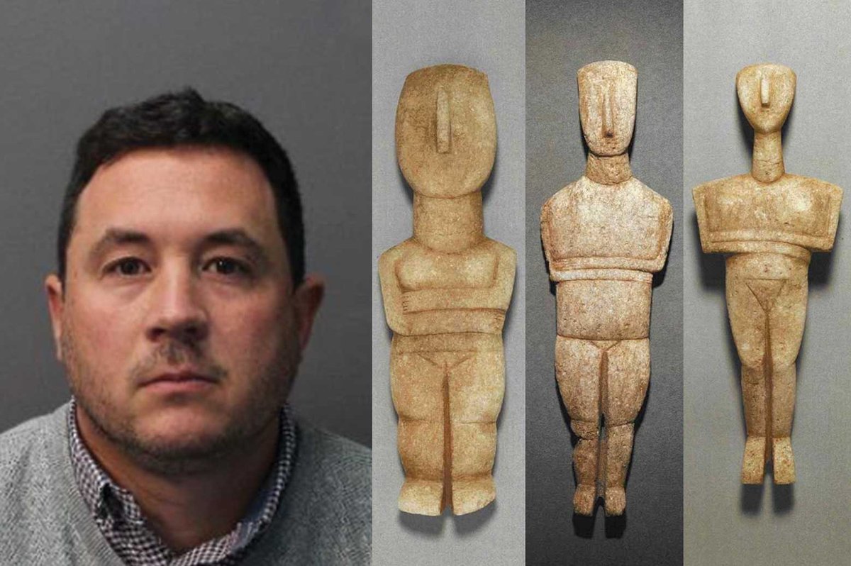 Andrew Crowley and the fake Cycladic figurines, which he attempted to sell along with a forged Anatolian stargazer statuette. He claimed to have inherited them from his grandfather Photo: courtesy Metropolitan Police