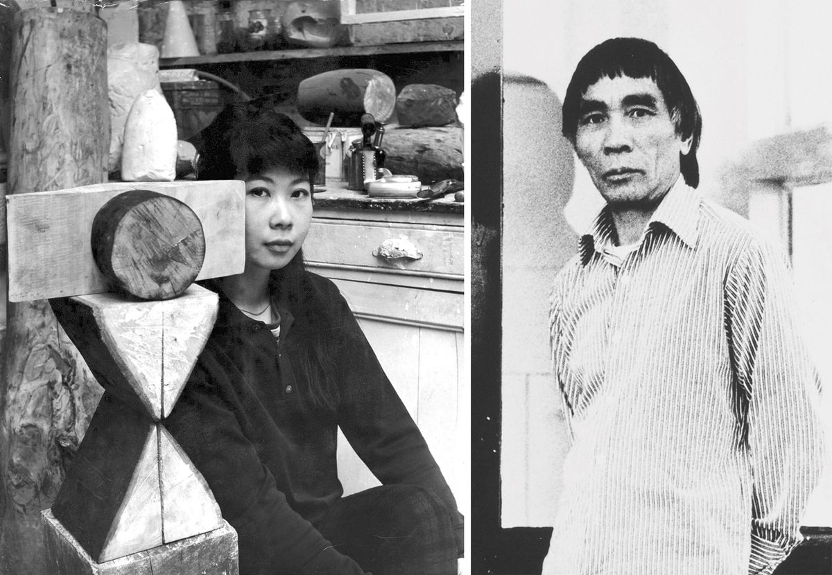 Kim Lim (left), photographed around 1960, with her sculpture Chess Piece I, and Li Yuan-chia (right). © Estate of Kim Lim / Turnbull Studio All Rights Reserved, DACS 2023; Photo: courtesy the estate of Kim Lim. Courtesy of Li Yuan-chia Archive