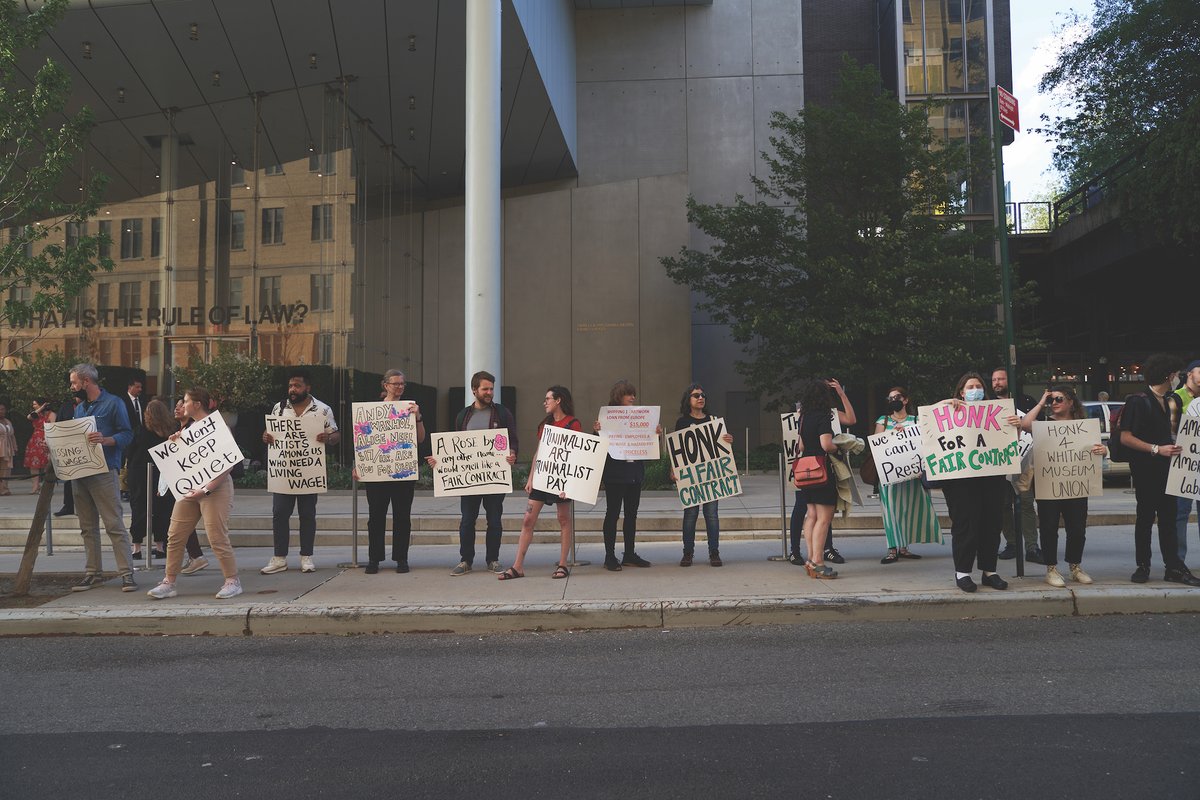 Members of the Whitney Museum Union rallying outside the museum on 17 May Photo by Allison Dinner
