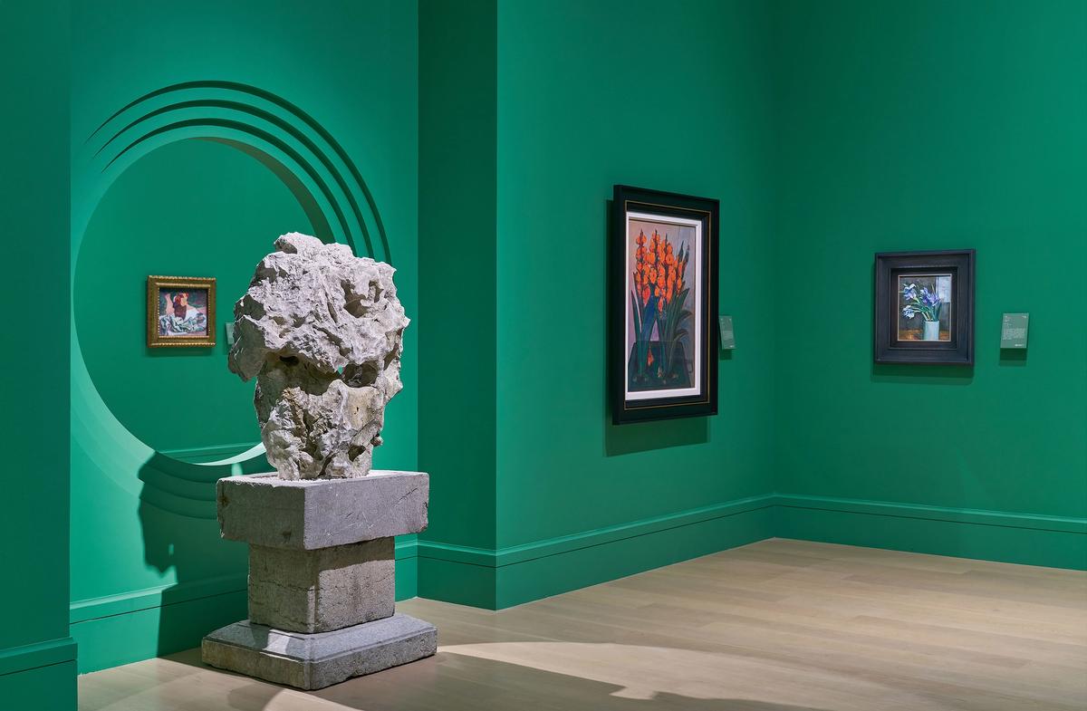 A Taihu stone from Nothing Still About Still Lifes, surrounded by works representing the aesthetic of Chinese gardens Courtesy of Deji Art Museum