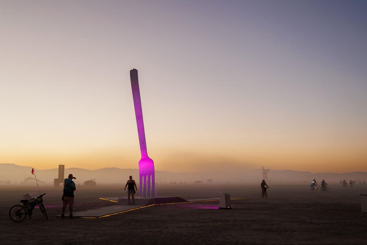 The huge metal sculpture MetaFork in the Road made an appearance at the uber-trendy Burning Man festival in the Black Rock Desert, Nevada
Photo by marknixon.com