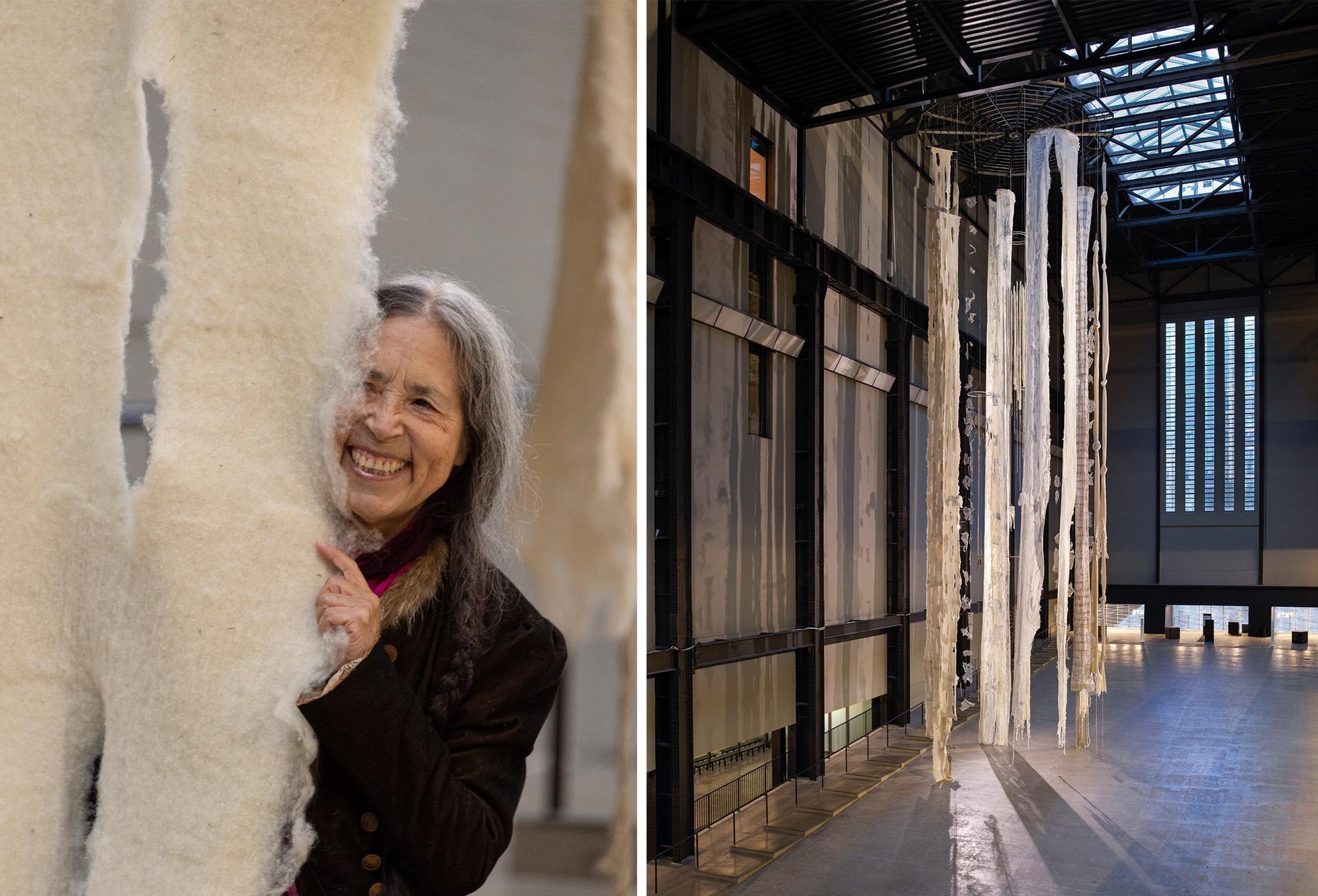 Cecilia Vicuña with her installation in Tate Modern’s Turbine Hall Photo © Tate, Sonal Bakrania (left); © Tate Photography, Matt Greenwood (right)