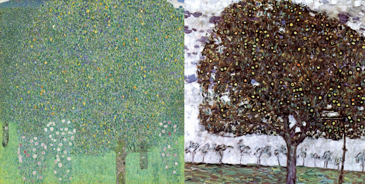 Klimt’s Roses under Trees (1905, left), in the Musée d’Orsay, was apparently confused with Apple Tree II (1916, right) Roses Under Trees: Courtesy of the Musée d’Orsay