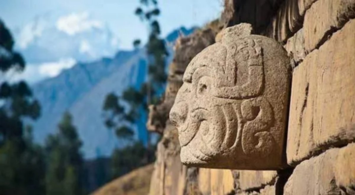 A carved stone head at the Chavín de Huántar archaeological site in Peru Courtesy the Government of Peru