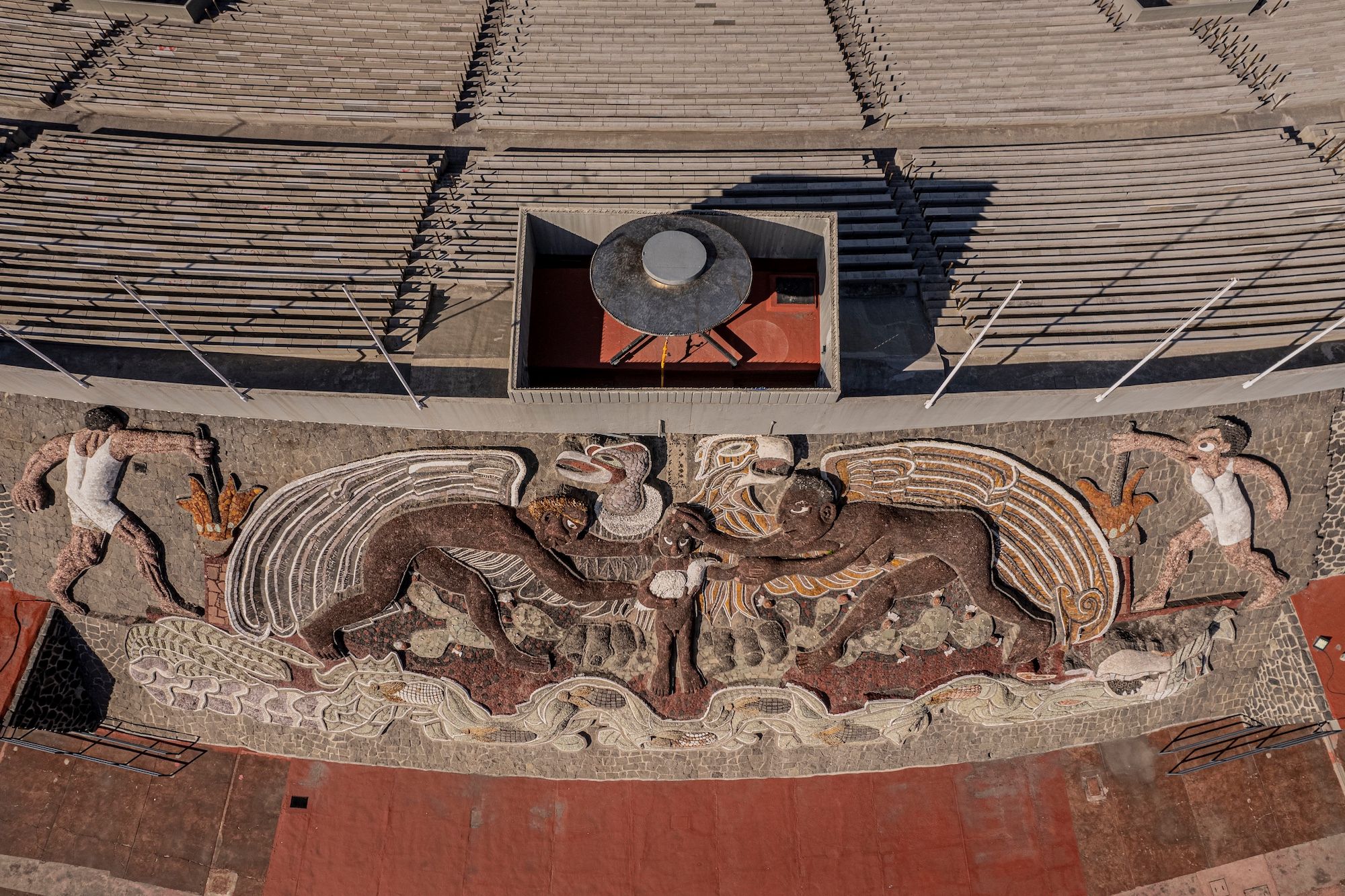 Diego Rivera's The University, the Family and Sport in Mexico (1952-54) at the Estadio Olímpico Universitario on the Universidad Nacional Autónoma de México campus in Mexico City Photo: Stephanie Ortiz. Courtesy World Monuments Fund