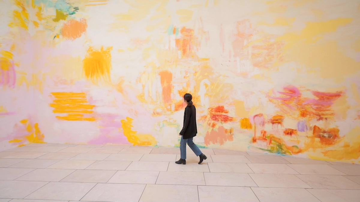 Megan Rooney’s With Sun (detail, 2022), located in the exhibition’s opening room, was painted in layers that were then eroded with an electric sander © Megan Rooney, 2022 © Fondation Louis Vuitton / Galerie Thaddaeus Ropac / Lewis Fleury