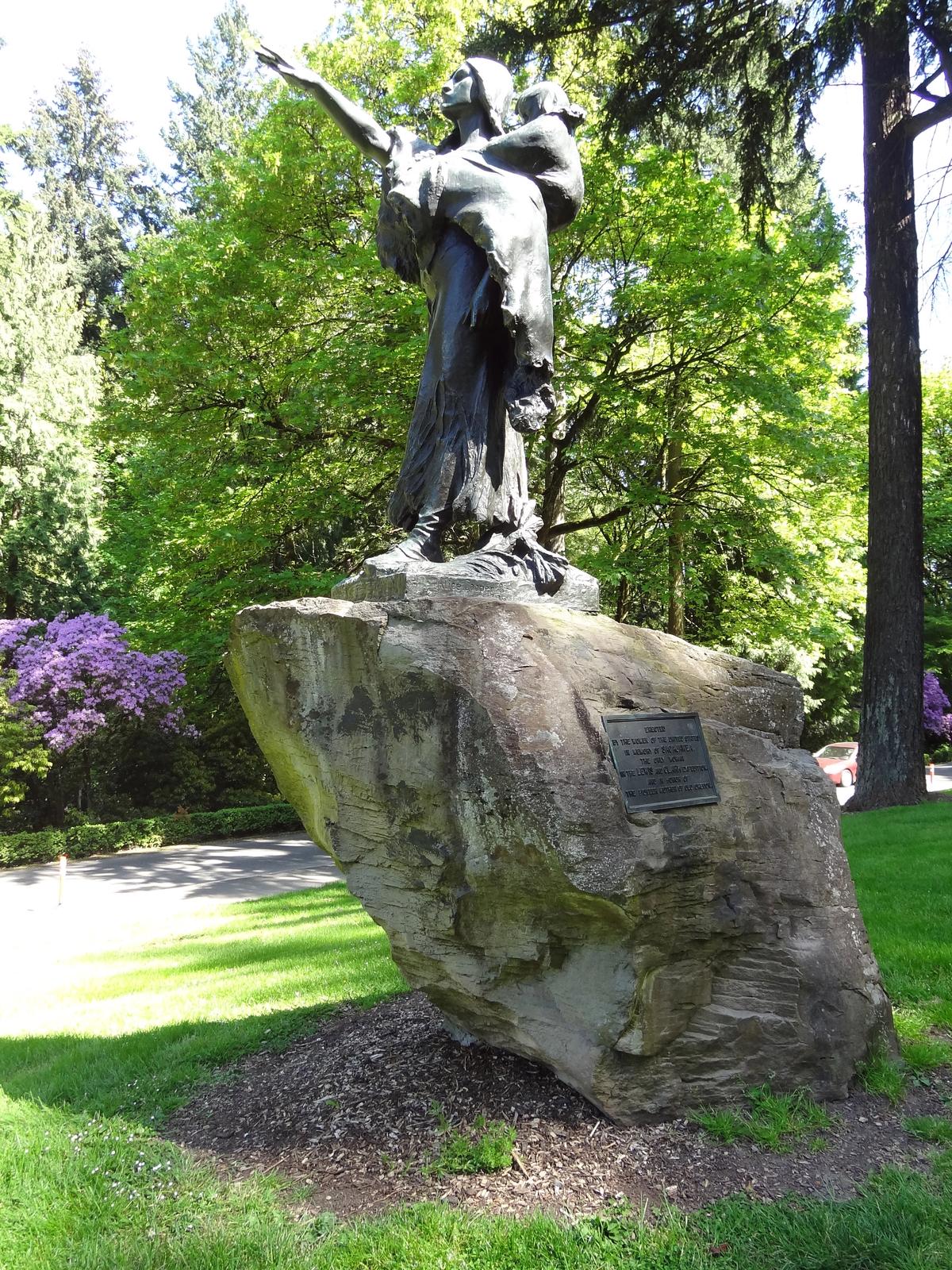 The Sacajawea and Jean-Baptiste sculpture in Washington Park, Portland was funded by women, sculpted by a woman artist, and conceived to promote women’s suffrage. And yet the monument to the Lemhi Shoshone guide tells a conveniently limited version of her story Photo: Simon Cobb