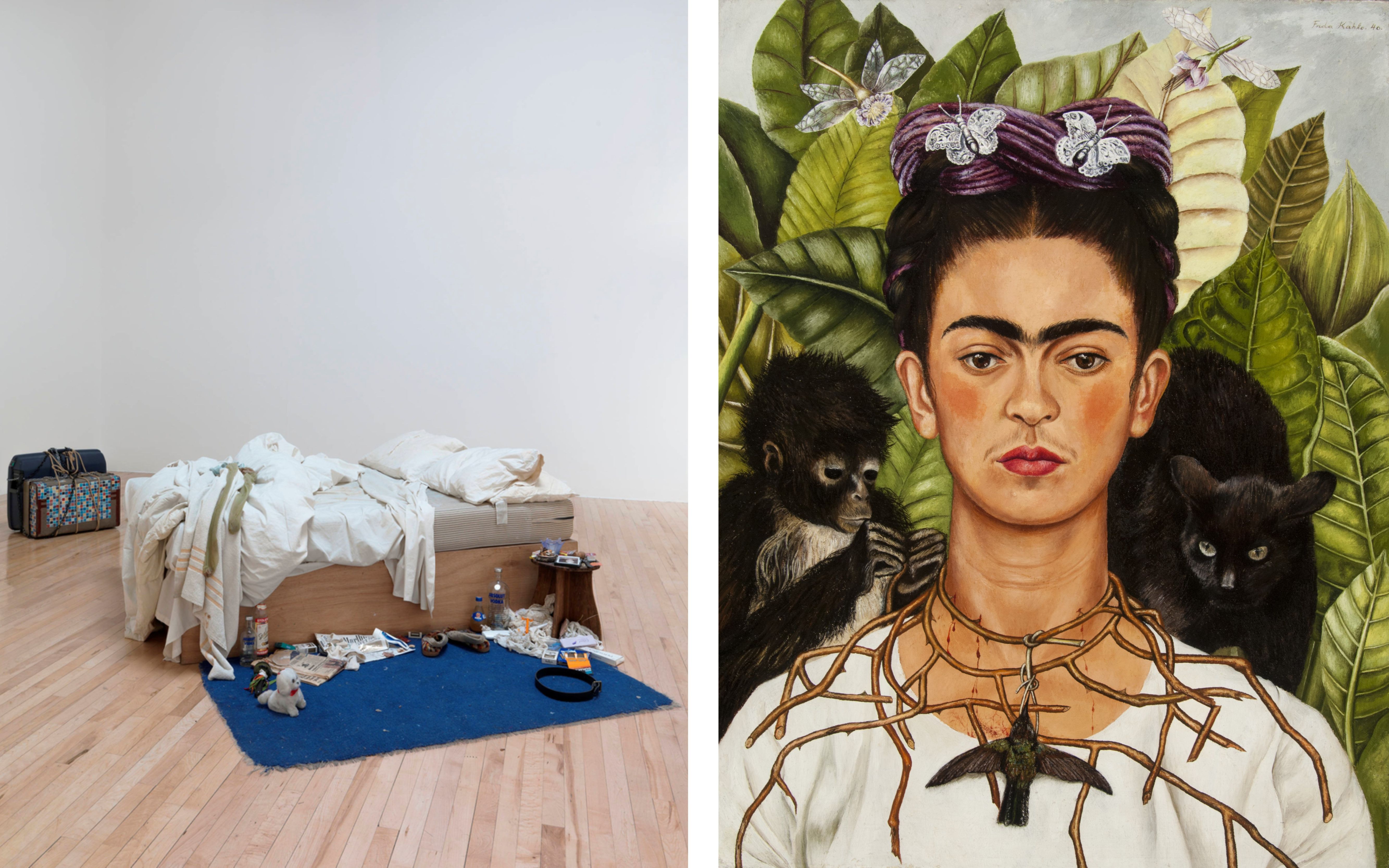 Tracey Emin, My Bed 1998 and Frida Kahlo, Self Portrait with Thorn Necklace and Hummingbird 1940

Tate. Lent by The Duerckheim Collection 2015, On long term loan. © Tracey Emin. All rights reserved, DACS/Artimage

Nickolas Muray Collection of Mexican Art, 66.6 Harry Ransom Research Center, University of Texas, Austin