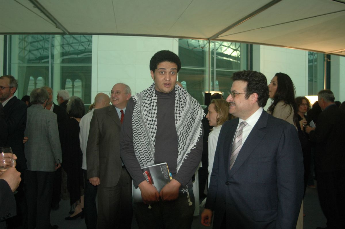 Ashraf Fayadh with the Saudi ambassador at the opening of the Word Into Art: Artists of the Modern Middle East exhibition at the British Museum in 2006