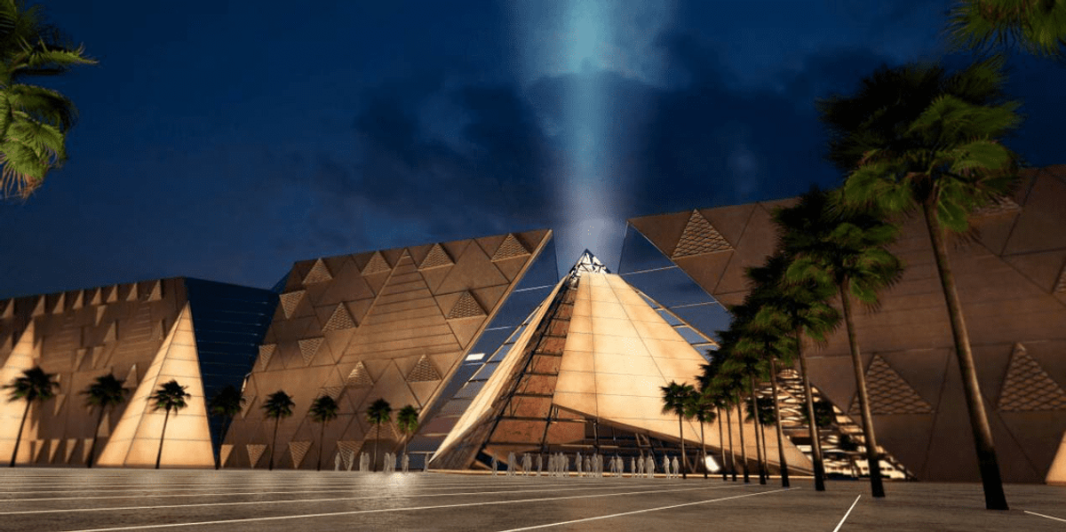 A rendering of the exterior of the Grand Egyptian Museum 