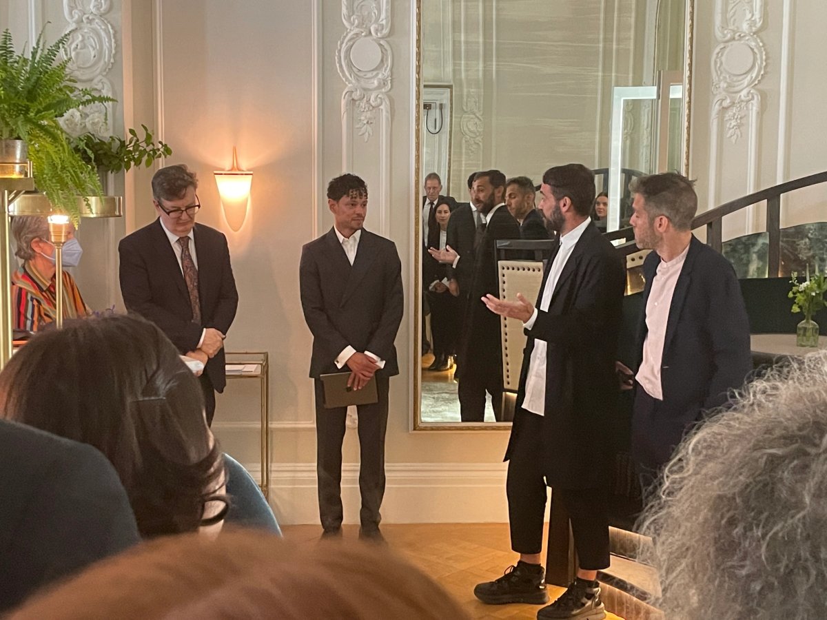 Speeches were given at a breakfast held in memory of Delfina Entrecanales. L-R: Mark Wallinger, Aaron Cezar, Cooking Sections.