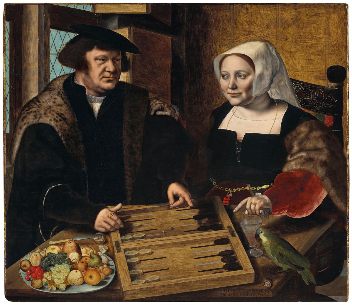 Jan Sanders van Hemessen's Double portrait of a husband and wife, half-length, seated at a table, playing tables. Courtesy of Christie's Images Ltd.