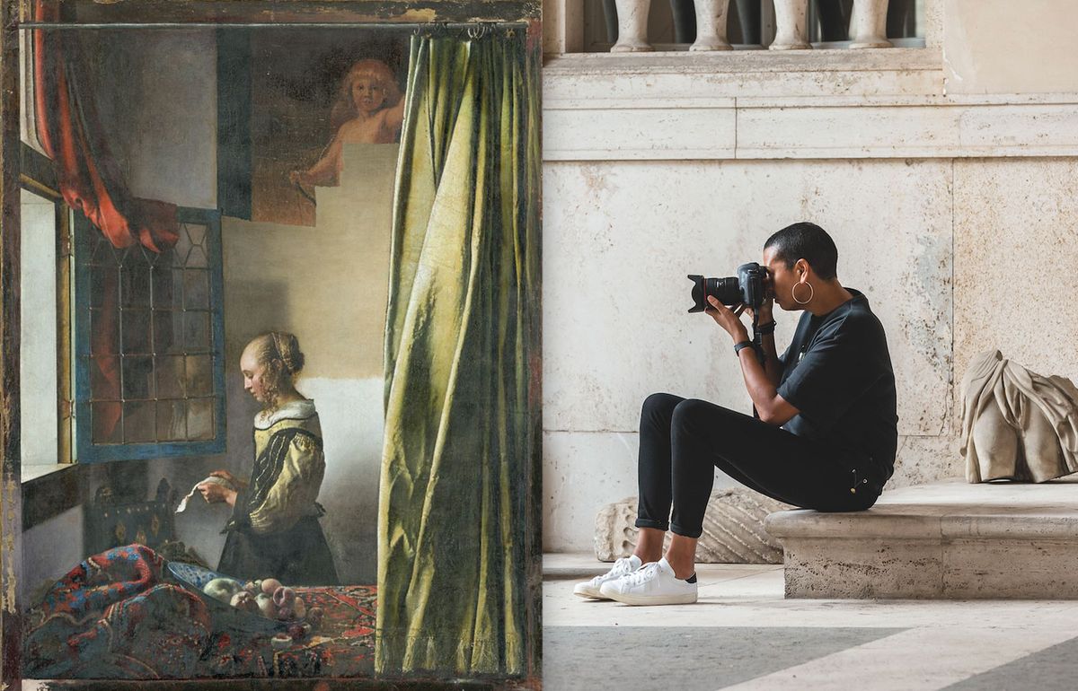 Johannes Vermeer’s Girl Reading a Letter at an Open Window  (1657-59) with the partially revealed Cupid. And the Turner Prize-nominated Helen Cammock © Vermeer: Wolfgang Kreische. Cammock: Photo © Sebastiano Luciano