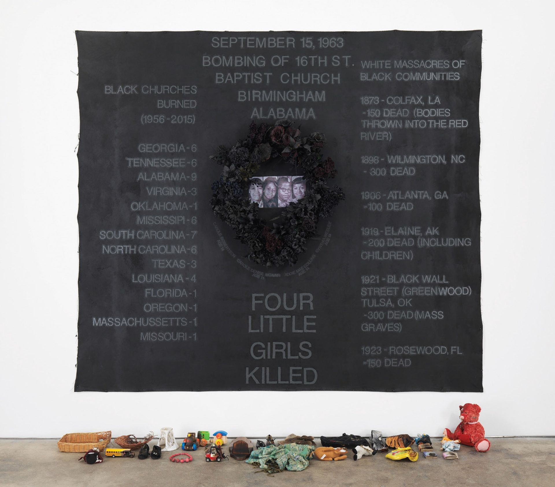 At the heart of Pindell’s new work Four Little Girls are the four children who were killed in the 1963 white supremacist terror bombing of a church Courtesy of the artist, Garth Greenan Gallery and Victoria Miro Gallery