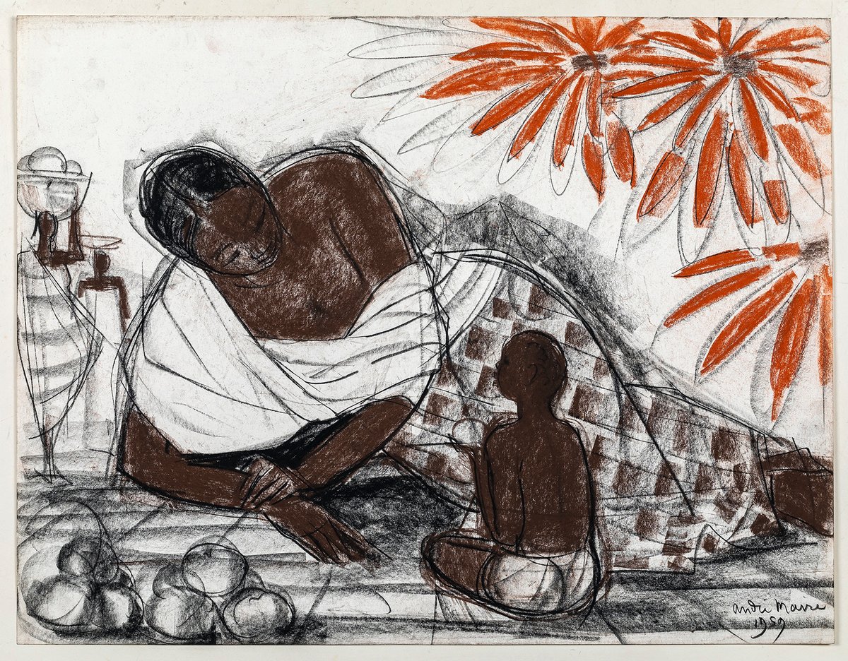 Andre Maire’s A Malgache Reclining with a Child holding a Fruit (1959), presented by Härb Nuti Master Drawings as part of Tracing Time Courtesy of Härb Nuti, London
