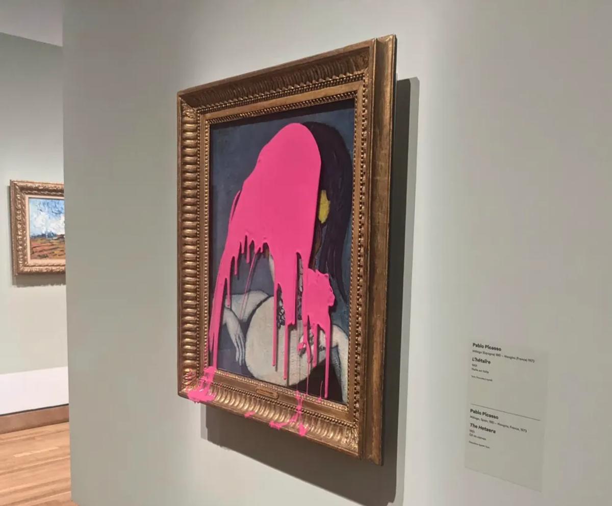 Pablo Picasso's L'hétaïre (1901) splattered with pink paint following an action by a Last Generation Canada activist on 19 June Courtesy Last Generation Canada