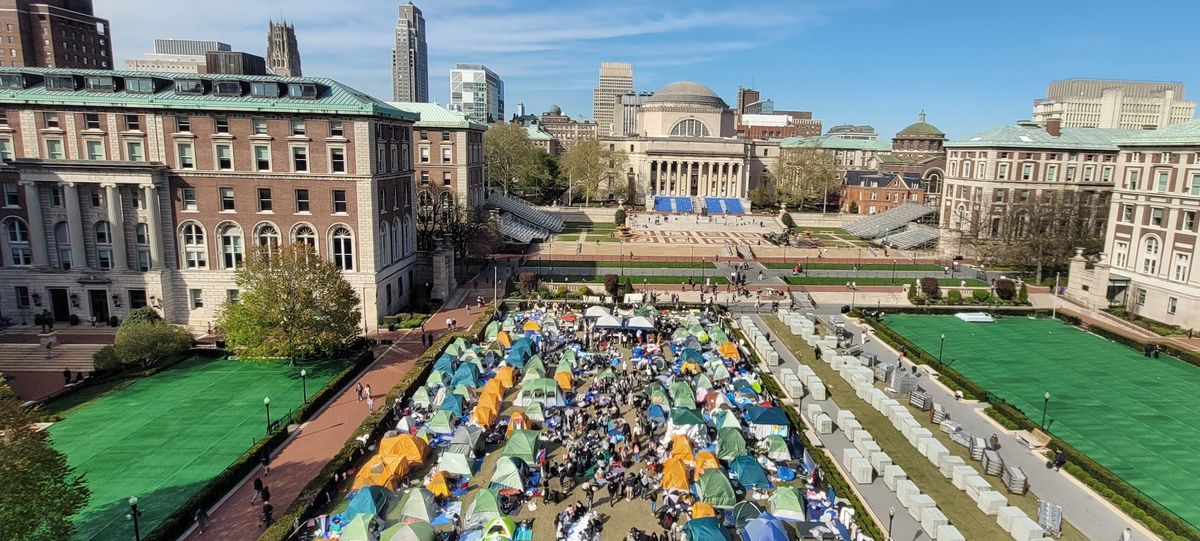 The pro-Palestine student encampment at Columbia University in April 2024 Photo by عباد ديرانية, via Wikimedia Commons